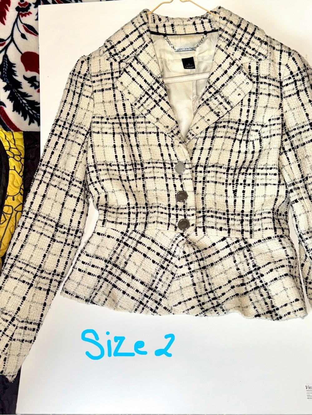 Cream & Black Windowpane Tweed Peplum Blazer